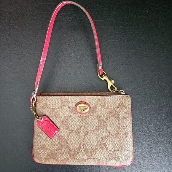 Coach Peyton Signature Brown & Pink Wristlet Gold Logo Card Holder Wallet Pouch - Picture 1 of 15